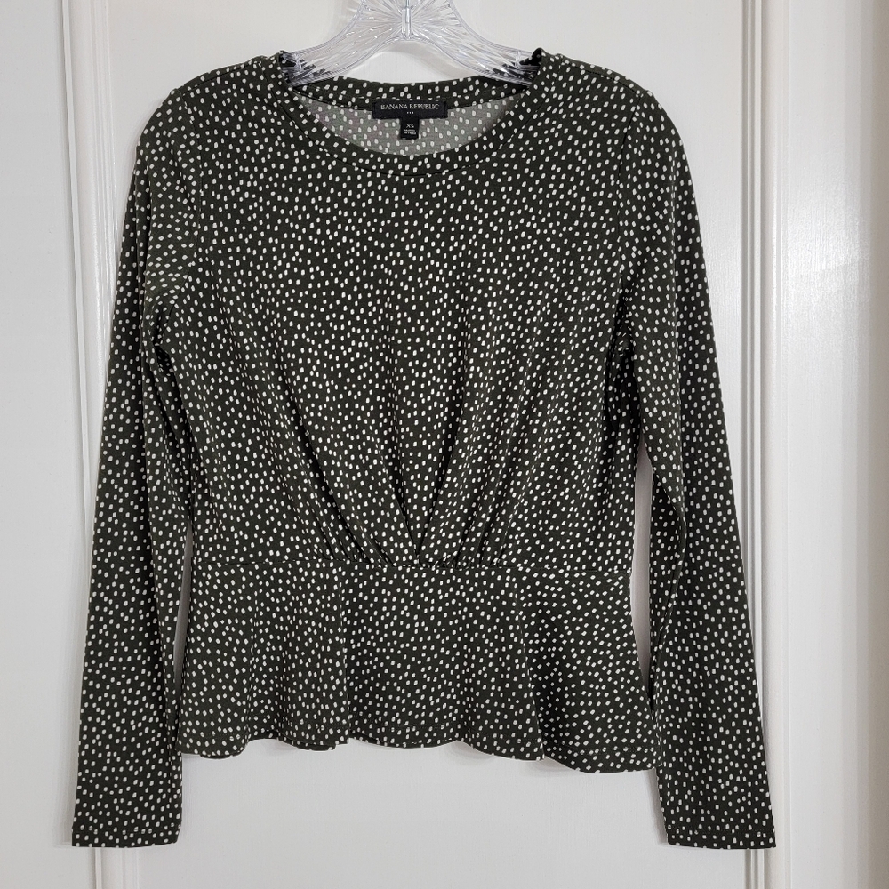 Banana Republic Womens Olive Green White Polka Dot Peplum Longsleeve Blouse. XS